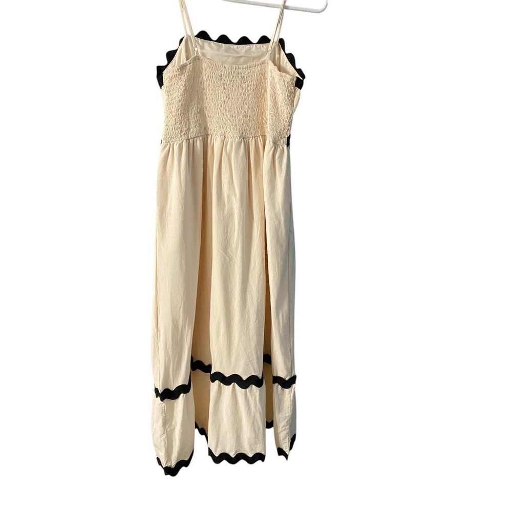 Womens Midi Spring Dress Size M Cream Black Wavy Trim Spaghetti Strap Viscose - Picture 3 of 9